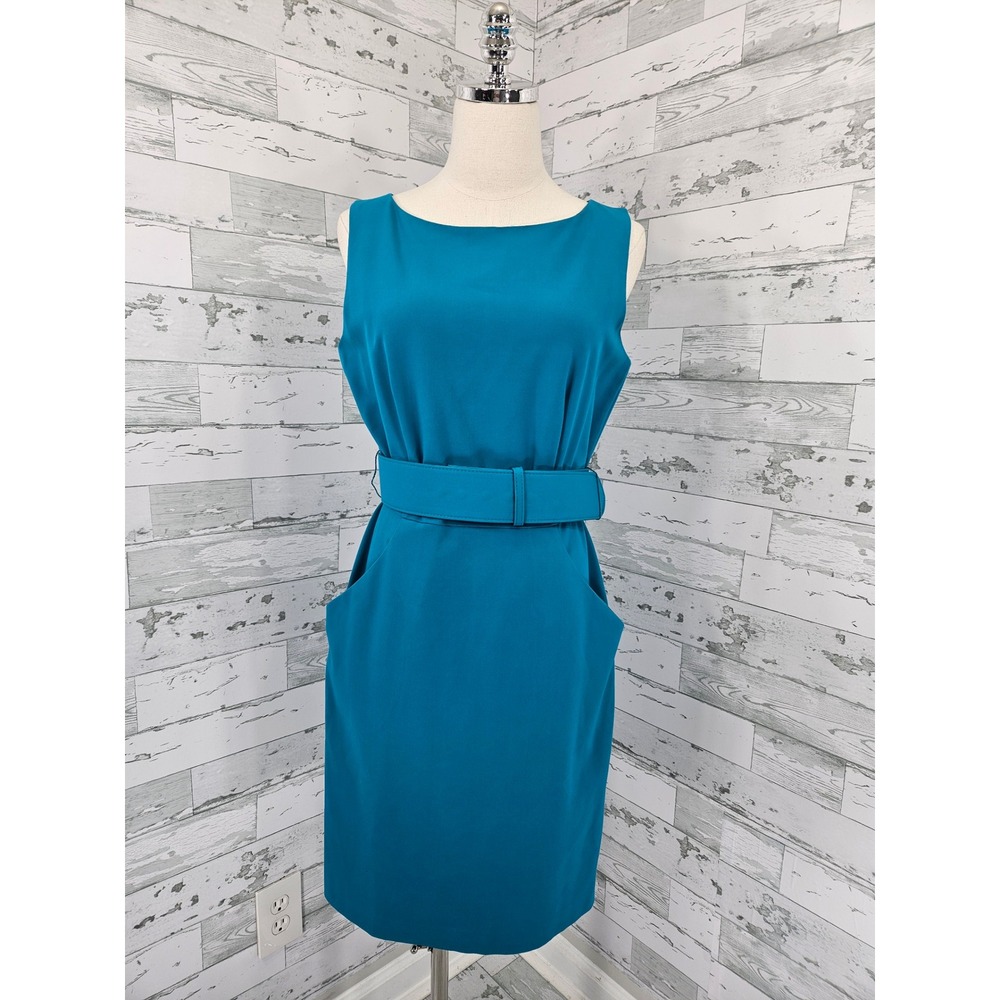 Calvin Klein Teal Blue Sleeveless Belted Sheath Dress with Pockets Size 10